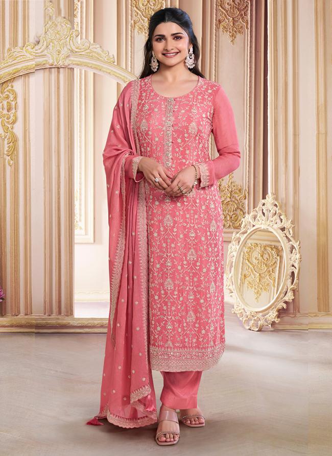 Chinnon Silk Pink Wedding Wear Embroidery Work Straight Suit